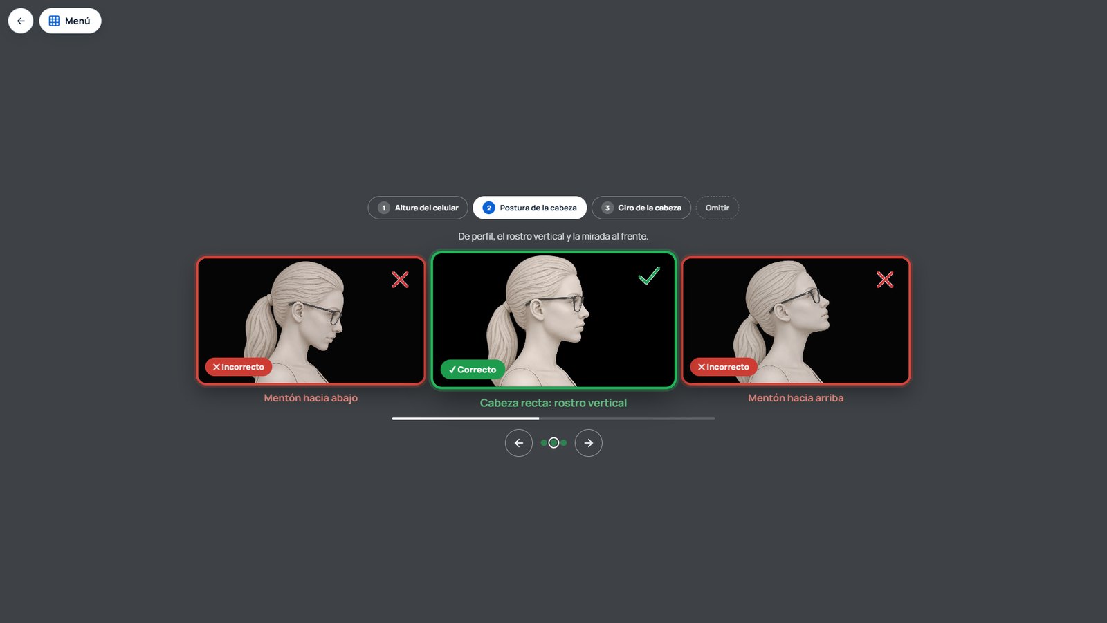 Guía de Medidas para sacar la foto de perfil: tres ejemplos de la postura de la cabeza, con el correcto en el medio y dos incorrectos