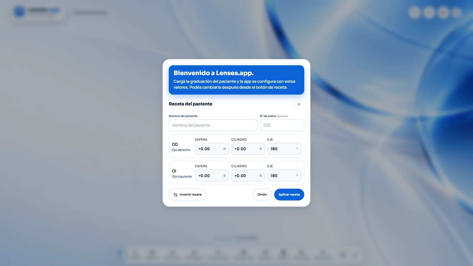 Ventana de bienvenida de Lenses.app para cargar la receta del paciente: nombre, número de sobre y esfera, cilindro y eje de cada ojo, con un botón para invertir la receta